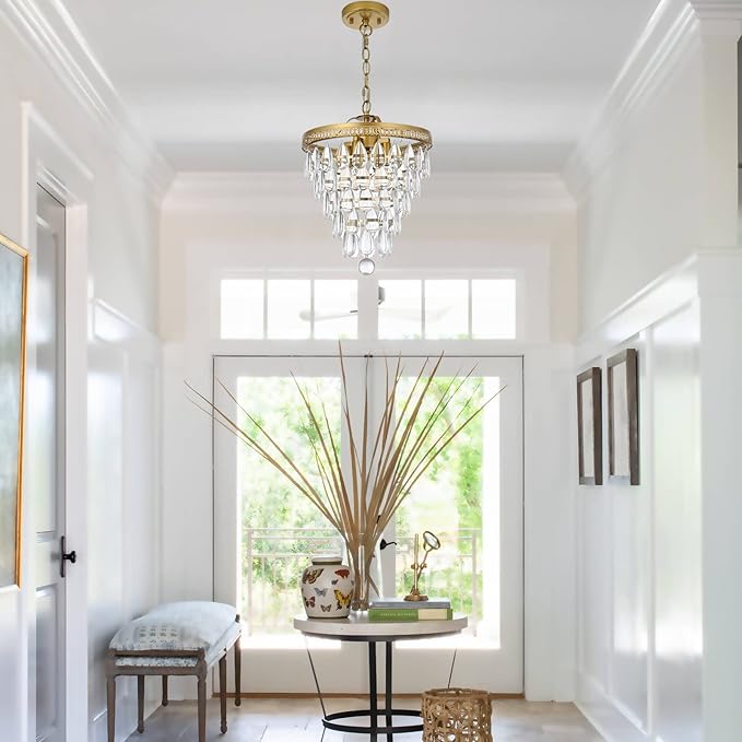 4 Light Chandeliers for Dining Room, K9 Crystal 5-Tier Vintage Gold Chandelier Light Fixture Pendant Lights Kitchen Island,Modern Chandeliers for Bedroom,Entryway