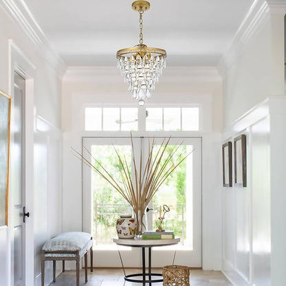 4 Light Chandeliers for Dining Room, K9 Crystal 5-Tier Vintage Gold Chandelier Light Fixture Pendant Lights Kitchen Island,Modern Chandeliers for Bedroom,Entryway