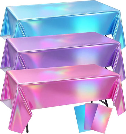 Oudain 3 Pcs Mermaid Theme Party Pink & Purple & Blue Iridescent Party Tablecloth 54 x 108 Inch Plastic Rectangle Tablecloth Waterproof Table Cover for Kpop Mermaid Theme Birthday Decoration
