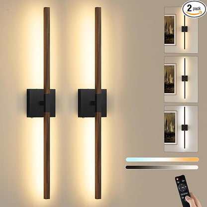 Rayogale 32 Inch Rechargeable Battery Operated Wall Sconce Set 2, 8000mAh Cordless, 3000K/4500K/6000K, Dimmable, Remote, Touch Control, 360° Rotation for Living Room Black Walnut 2 Pack