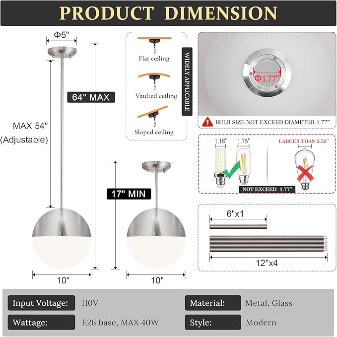 10in Brushed Nickel Pendant Light Globe Glass Kitchen Island Pendant Light Fixtures Modern Frosted Glass Hanging Light Milky White Ball Pendant Lights for Kitchen Sink Dining Room Entry Bathroom