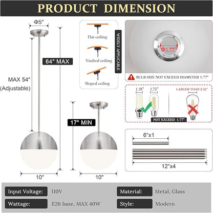 10in Brushed Nickel Pendant Light Globe Glass Kitchen Island Pendant Light Fixtures Modern Frosted Glass Hanging Light Milky White Ball Pendant Lights for Kitchen Sink Dining Room Entry Bathroom