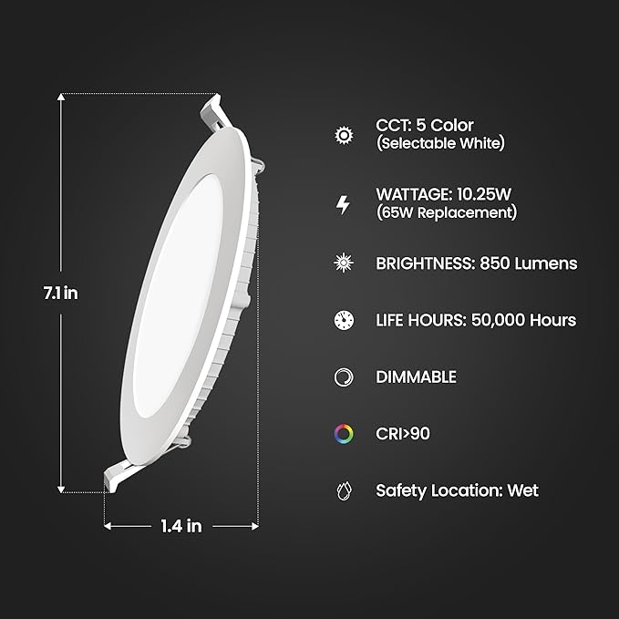 Feit Electric 6" Canless LED Recessed Downlight, 65W Equivalent, Non-Dimmable, Battery Backup, 5 Selectable Color Temperatures, Low-Clearance Applications for Indoor/Outdoor Use, LEDR6XT/BAT/5CCTCA