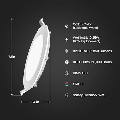 Feit Electric 6" Canless LED Recessed Downlight, 65W Equivalent, Non-Dimmable, Battery Backup, 5 Selectable Color Temperatures, Low-Clearance Applications for Indoor/Outdoor Use, LEDR6XT/BAT/5CCTCA