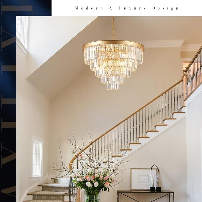 A AXILIXI Large Crystal Chandeliers 30’’ Modern Gold Round Chandeliers for High Ceiling K9 5-Tier Large Ceiling Chandelier Light Fixtures Luxury Chandelier for Staircase Foyer Living Room