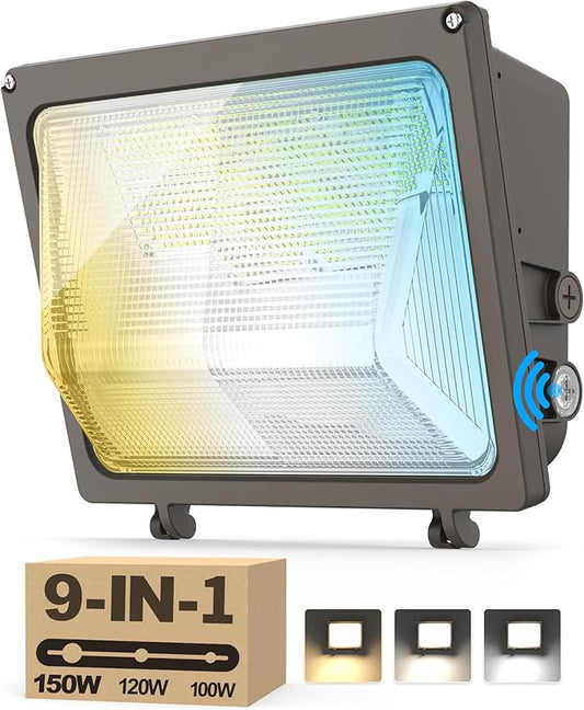 AKK LED Wall Pack Light 150W/120W/100W & 3000K/4000K/5000K Selectable, Glass Lens, Dusk to Dawn Photocell & Timed Dimming, 18000LM, IP65 Waterproof for Garage, Warehouse and Exterior Building Security
