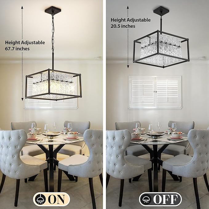 Modern Black Crystal Pendant Light for Kitchen Island, 4-Light Water Ripple Glass Chandelier, Adjustable Height Dimmable Hanging Fixture for Dining Room Bedroom Hallway Entryway