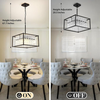 Modern Black Crystal Pendant Light for Kitchen Island, 4-Light Water Ripple Glass Chandelier, Adjustable Height Dimmable Hanging Fixture for Dining Room Bedroom Hallway Entryway
