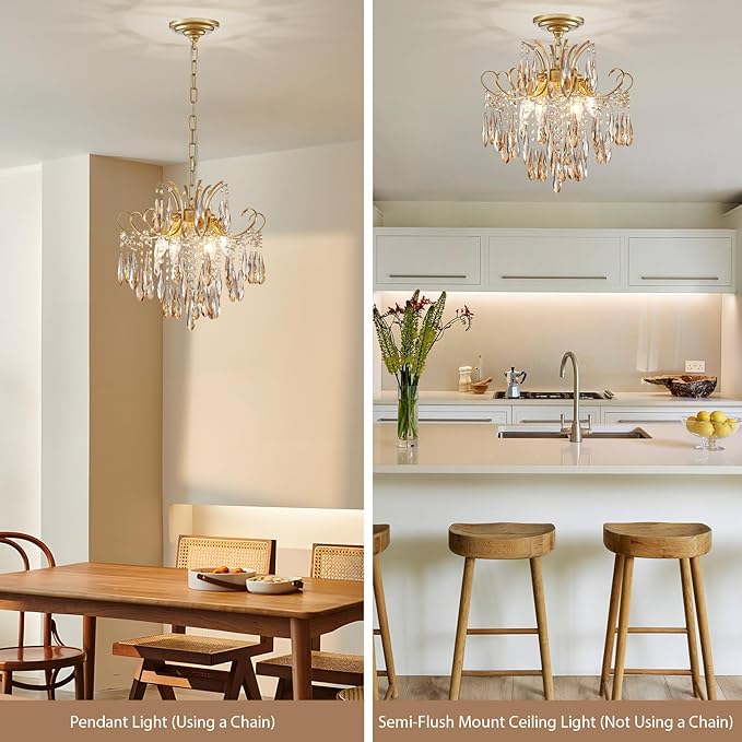 Gold Crystal Chandeliers for Dining Room 4-Light Modern Luxury Light Fixture for Living Room Bedroom Pendant Ceiling Hanging Light, Mid Century