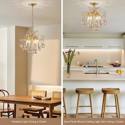 Gold Crystal Chandeliers for Dining Room 4-Light Modern Luxury Light Fixture for Living Room Bedroom Pendant Ceiling Hanging Light, Mid Century