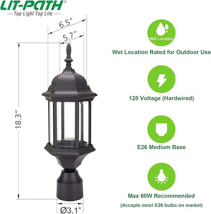 LIT-PaTH Outdoor Post Lighting Fixture Pole Lantern, E26 Medium Base Max 60W, Aluminum Housing Plus Glass, 1-Pack, Black Finish