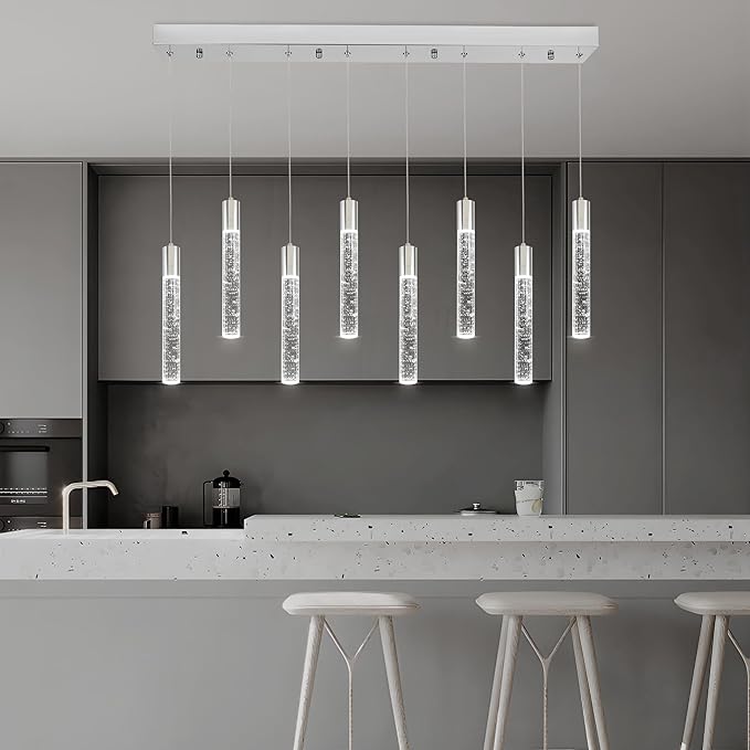 8 Light Pendant Lights Kitchen Island, Modern Chrome Crystal Pendants with Dimmable 3000K-6000K LED Ceiling Hanging Light Fixture for Dining Room Bedroom, Adjustable Height 78"