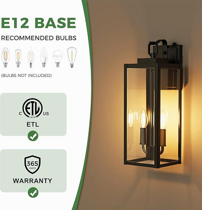 DORESshop 20" Dusk to Dawn Outdoor Wall Lights, 2-Light Black Outdoor Wall Sconce Lantern with Clear Glass, Tall Transitional Exterior Light Fixtures for Porch, Garage, ETL Listed, 2 Pack