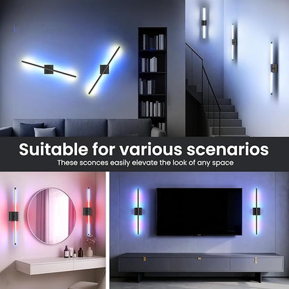 Battery Operated Wall Sconces Set of Two, 10000mAh Rechargeable Wall Lights with Remote Control, 360° Rotate Dimmable Black LED Cordless Lighting for Bedroom, Living Room, Hallway, 29 Inch, RGB