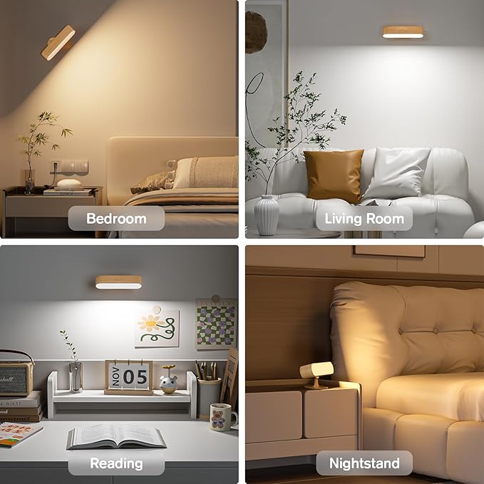 Hensam Wall Sconce, LED Battery Operated Wall Sconce for Bedroom, Rechargeable Wireless Wall Light for Picture, 5 Color Modes Stepless Dimmable Wall Lamp for Living Room, Reading