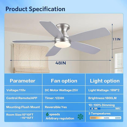 JSAITEE Flush Mount Low Profile Ceiling Fan, 48in Modern Ceiling Fan with Remote, 1/2/4 Timer, 5 Blades Reversible, 3CCT LED Dimming, Indoor Fan for Bedroom, Kitchen - Nickel