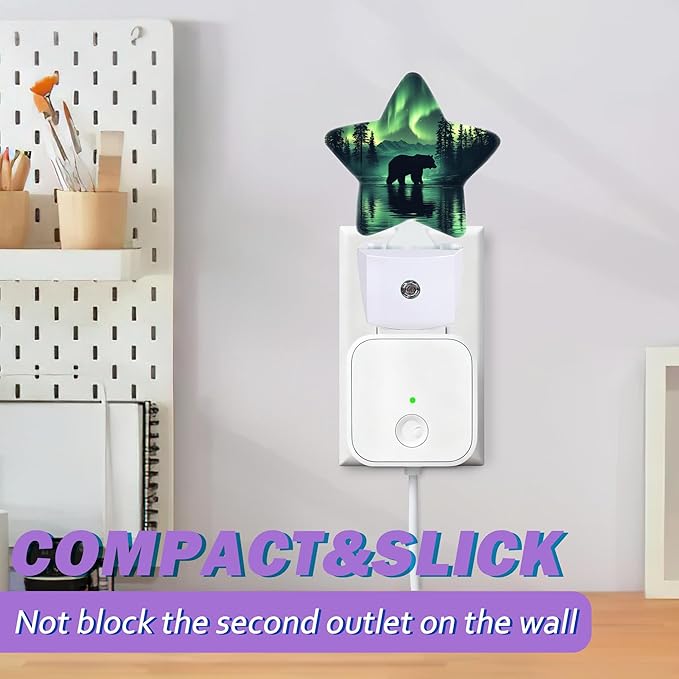 Forest Bear Night Lights Plug Into Wall Decorative,Green Polar Lights Sleep Friendly Lamp, Energy Efficient Dusk-to-Dawn Sensor Nightlights for Kid Bedroom Nursery Bathroom
