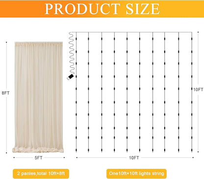 Fomcet Tulle Backdrop Curtains with Lights String 10FT X 8FT Champagne Sheer Curtain with Lights Tulle Curtains Backdrop for Wedding Birthday Party Photo Shoot (2 Panels 5x8FT)
