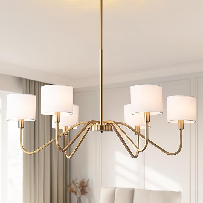 Modern Gold 6-Lights Chandelier, 39" Pendant Light with White Fabric Shade Adjustable Classic Chandelier Light Fixtures for Kitchen Island Dining & Living Room Entryway