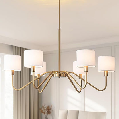 Modern Gold 6-Lights Chandelier, 39" Pendant Light with White Fabric Shade Adjustable Classic Chandelier Light Fixtures for Kitchen Island Dining & Living Room Entryway