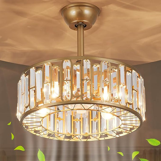 18.2" Crystal Caged Ceiling Fan with Light 4-Light Modern Fandelier Lighting Gold Ceiling Fan with Lights Reversible Remote Ceiling Fan Chandelier for Bedroom Living Room Dining Room Kitchen