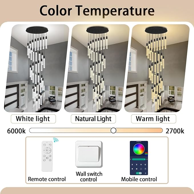 200" Extra Long Crystal Chandelier for High Ceiling 36-Light Black Crystal Column Chandeliers Modern Dimmable LED Ceiling Light for Foyer Entryway Staircase Double-Height Hotel Lobby