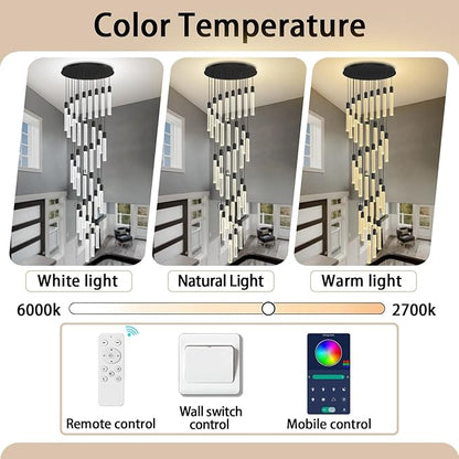 200" Extra Long Crystal Chandelier for High Ceiling 36-Light Black Crystal Column Chandeliers Modern Dimmable LED Ceiling Light for Foyer Entryway Staircase Double-Height Hotel Lobby