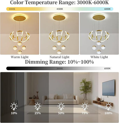 Modern Gold LED Chandeliers, Dimmable LED Pendnat Light Fixture for Kitchen Island Over Table Adjustable Height Modern Chandeliers for Dining Room Kitchen Island Living Room Bedroom