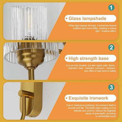 Gold Bathroom Sconces Set of 2, Modern Wall Sconce with Clear Glass Shade, Indoor Farmhouse Wall Sconce for Living Room, Bedroom, Hallway, Stairwell and Kitchen
