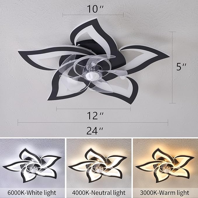24" Geometric Ceiling Fan with Lights Remote Control, 6 Speeds 3 Colors Black Low Profile Ceiling Fan with Light for Kitchen Bedroom Living Room