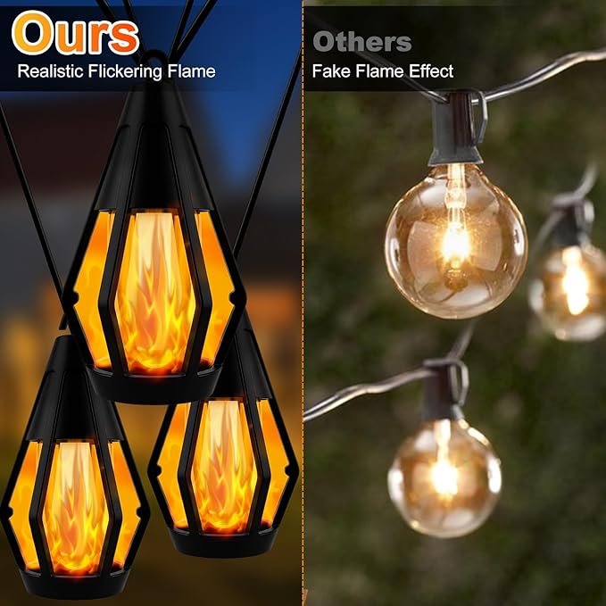 Solar String Lights Outdoor, 41FT Patio Lights with 15 Flickering Flame LED Bulbs, Waterproof Hanging Solar String Light for Outside Garden Backyard Gazebo Porch Patio Bistro Party Decorations