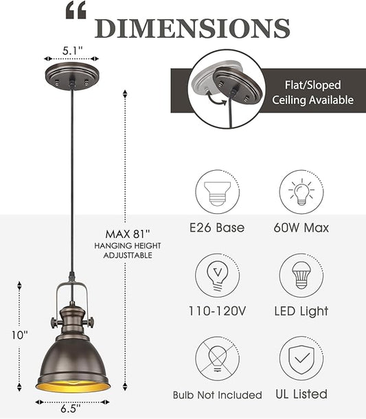 Pendant Lights Kitchen Island, Farmhouse Hanging Lights Fixtures with Metal Shade, Rustic Kitchen Pendant Lighting Over Island for Dining Room, Oil Rubbed Bronze, AD-2151-1P-ORB