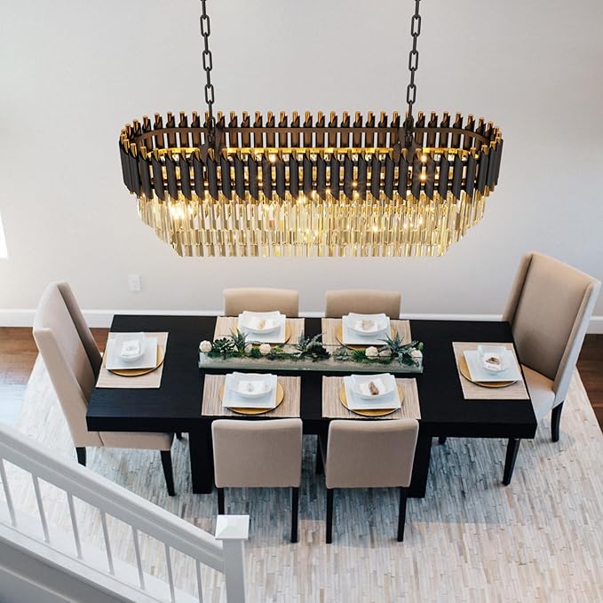 40" 10-Light Modern Black Gold Crystal Chandelier, Luxury Rectangular Raindrop Pendant Light Fixture for Dining Room, Kitchen Island, Living Room, Farmhouse Ceiling Lighting
