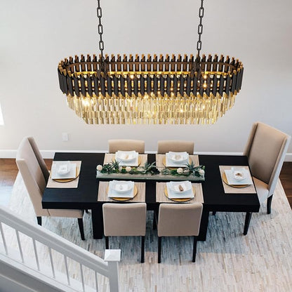 40" 10-Light Modern Black Gold Crystal Chandelier, Luxury Rectangular Raindrop Pendant Light Fixture for Dining Room, Kitchen Island, Living Room, Farmhouse Ceiling Lighting