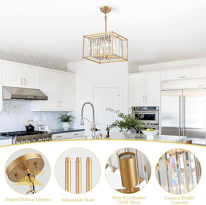 Square Crystal Small Mini Chandeliers 4-Light Gold Pendant Dining Room Light Fixture 13" Modern Farmhouse Adjustable Hanging Ceiling Lamps for Bedroom Entryway Hallway Pool Table