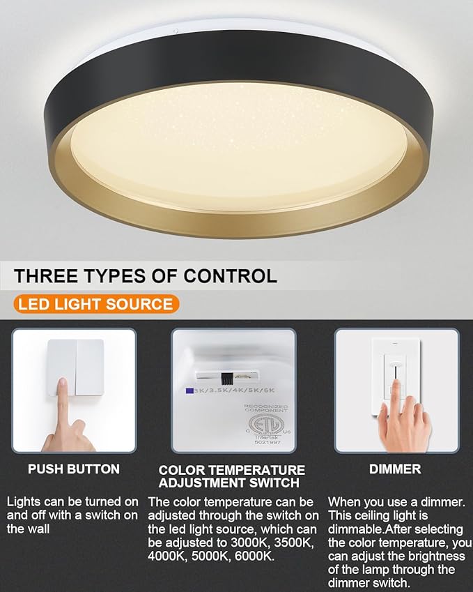 ANYLOVE 10 Inch Modern Flush Mount Ceiling Lights,White Gold Plastic Round Ceiling Light,Dimmable 3000K,3500K,4000K,5000K,6000K,for Living Room,Dining Room,Bedroom,Kitchen (Black and Gold, 15 Inch)
