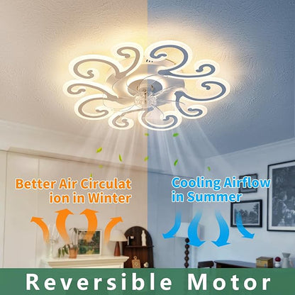 White Flower Modern Ceiling Fan with Lights, Low Profile Ceiling Fan with Remote for Bedroom, Flush Mount Ceiling Fans with LED Dimmable Light, 6-Speeds, Timing CeilingFan Light-yun