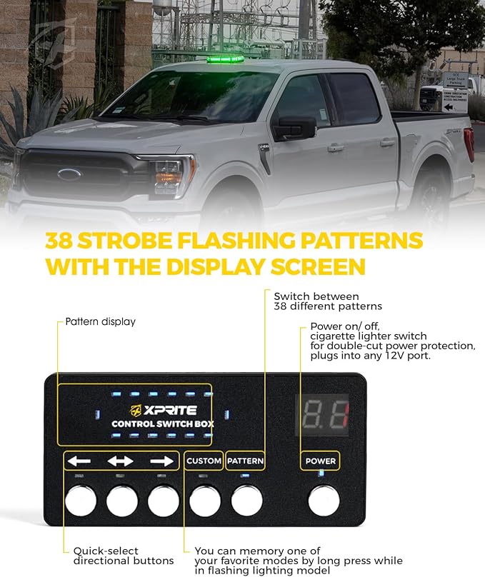 Xprite Green Rooftop Emergency Strobe Light Bar, Beacon Safety Flashing Warnin Lights w/Control Panel Magnetic Base for Construction Trucks Plows Postal Security Cars