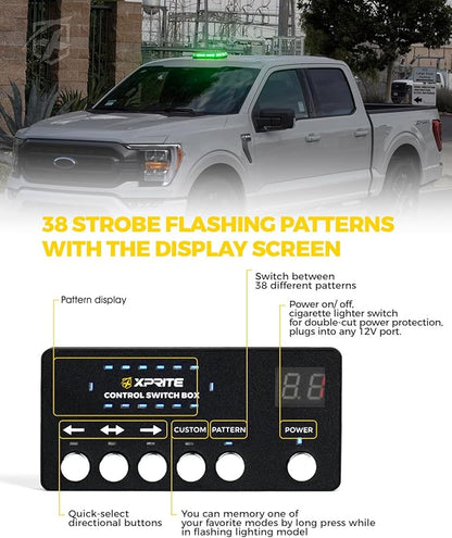 Xprite Green Rooftop Emergency Strobe Light Bar, Beacon Safety Flashing Warnin Lights w/Control Panel Magnetic Base for Construction Trucks Plows Postal Security Cars