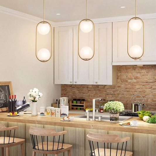 BYOLIIMA Modern Gold Globe Chandelier 2-Lights Mid Century Pendant Light Brushed Brass Ceiling Hanging Lighting Fixture with White Globe Glass Lampshade for Kitchen Island Dining Room Bedroom