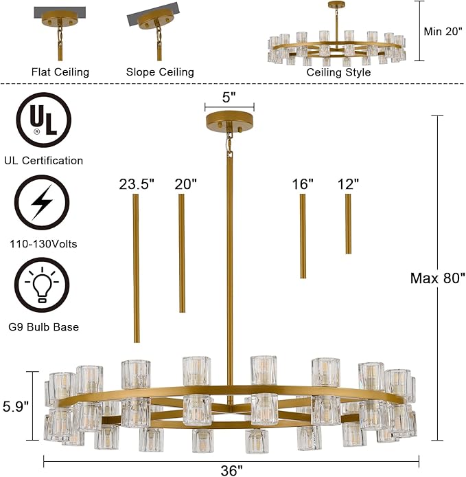 36 Inch Gold Crystal Wagon Wheel Chandelier, Modern Farmhouse Round 36-Lights Pendant Lighting Fixture, for High Ceilings Living Room, Bedroom, Foyer