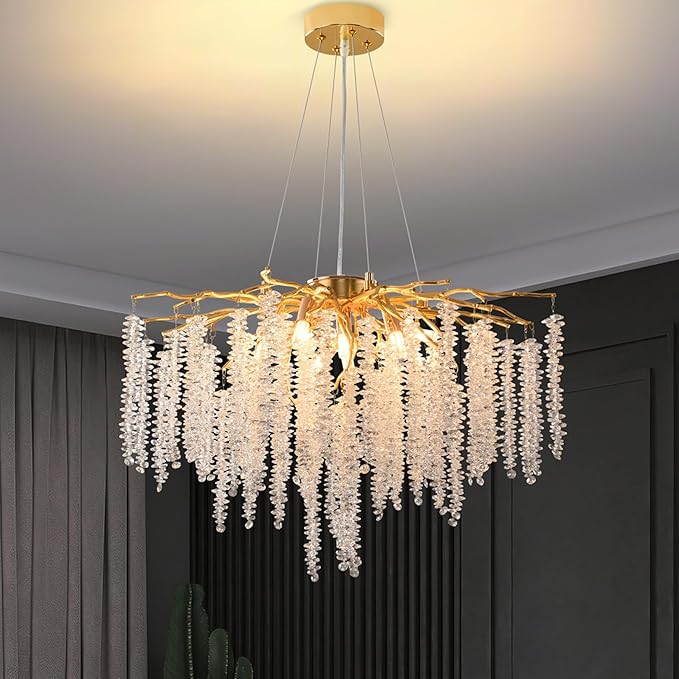 Crystal Tree Branches Chandeliers Gold Luxury Round Raindrop Pendant Light Fixture 9 Light Tassel Ceiling Hanging Light for Dining Room Bedroom Living Room Entryway 23.7"