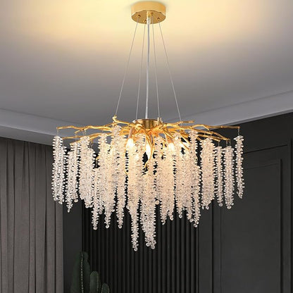 Crystal Tree Branches Chandeliers Gold Luxury Round Raindrop Pendant Light Fixture 9 Light Tassel Ceiling Hanging Light for Dining Room Bedroom Living Room Entryway 23.7"