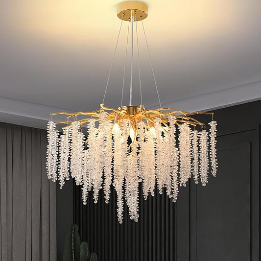 Crystal Tree Branches Chandeliers Gold Luxury Round Raindrop Pendant Light Fixture 9 Light Tassel Ceiling Hanging Light for Dining Room Bedroom Living Room Entryway 23.7"