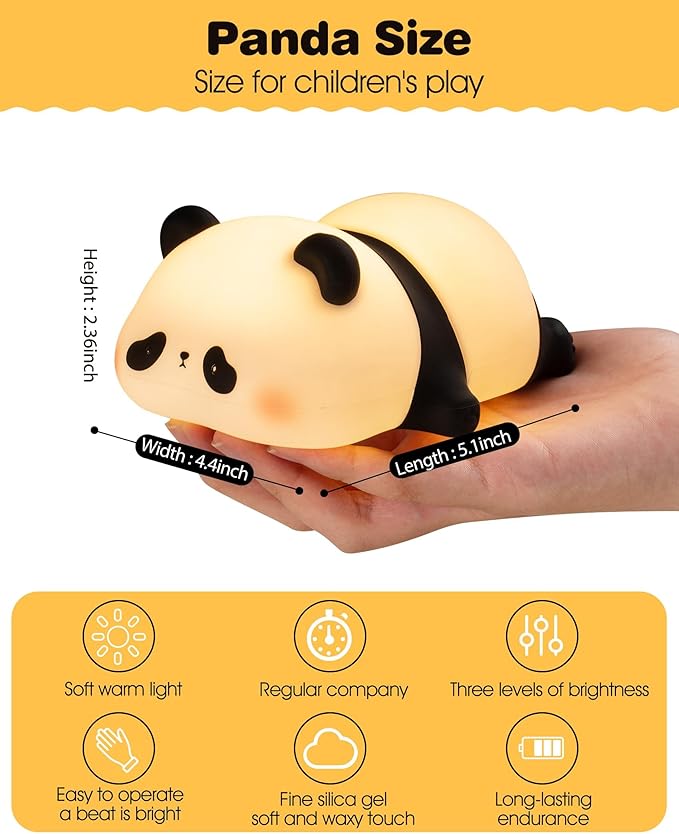 Recolte Cute Panda Night Light with Gift Bow, LED Squishy Silicone Animal Lamp, 3 Level Dimmable Nursery Light for Kids, Baby Desk Decor, Gift Box for Boys Girls, Baby Shower & White Elephant Gifts