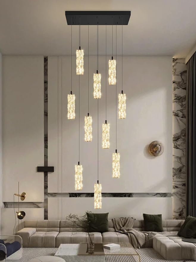 ykolupty Modern Crystal Chandelier 10-Lights Rectangle Pendant Light LED Dimmable Black Linear Chandelier Flush Mount Crystal Pendant Light for Living Room Dining Room Foyer