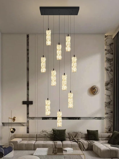 ykolupty Modern Crystal Chandelier 10-Lights Rectangle Pendant Light LED Dimmable Black Linear Chandelier Flush Mount Crystal Pendant Light for Living Room Dining Room Foyer