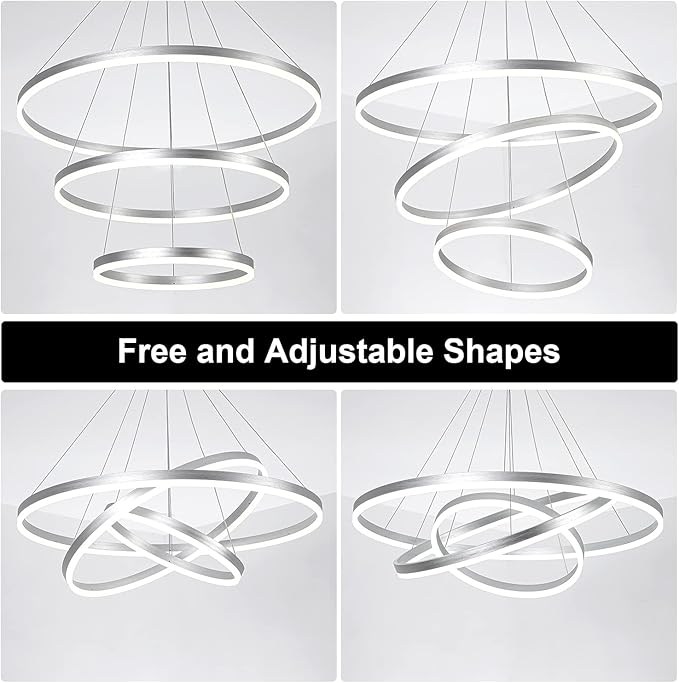 3-Rings D31.5’’ Modern LED Chandelier Silver, Dimmable Pendant Lighting with Remote Control Circular Flush Mount High Ceiling Light for Living Dining Room Bedroom Foyer, 3000K-6500K
