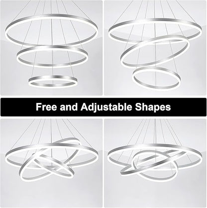 3-Rings D31.5’’ Modern LED Chandelier Silver, Dimmable Pendant Lighting with Remote Control Circular Flush Mount High Ceiling Light for Living Dining Room Bedroom Foyer, 3000K-6500K