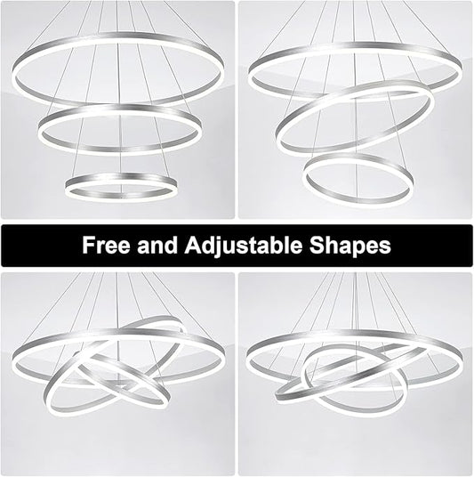 3-Rings D31.5’’ Modern LED Chandelier Silver, Dimmable Pendant Lighting with Remote Control Circular Flush Mount High Ceiling Light for Living Dining Room Bedroom Foyer, 3000K-6500K